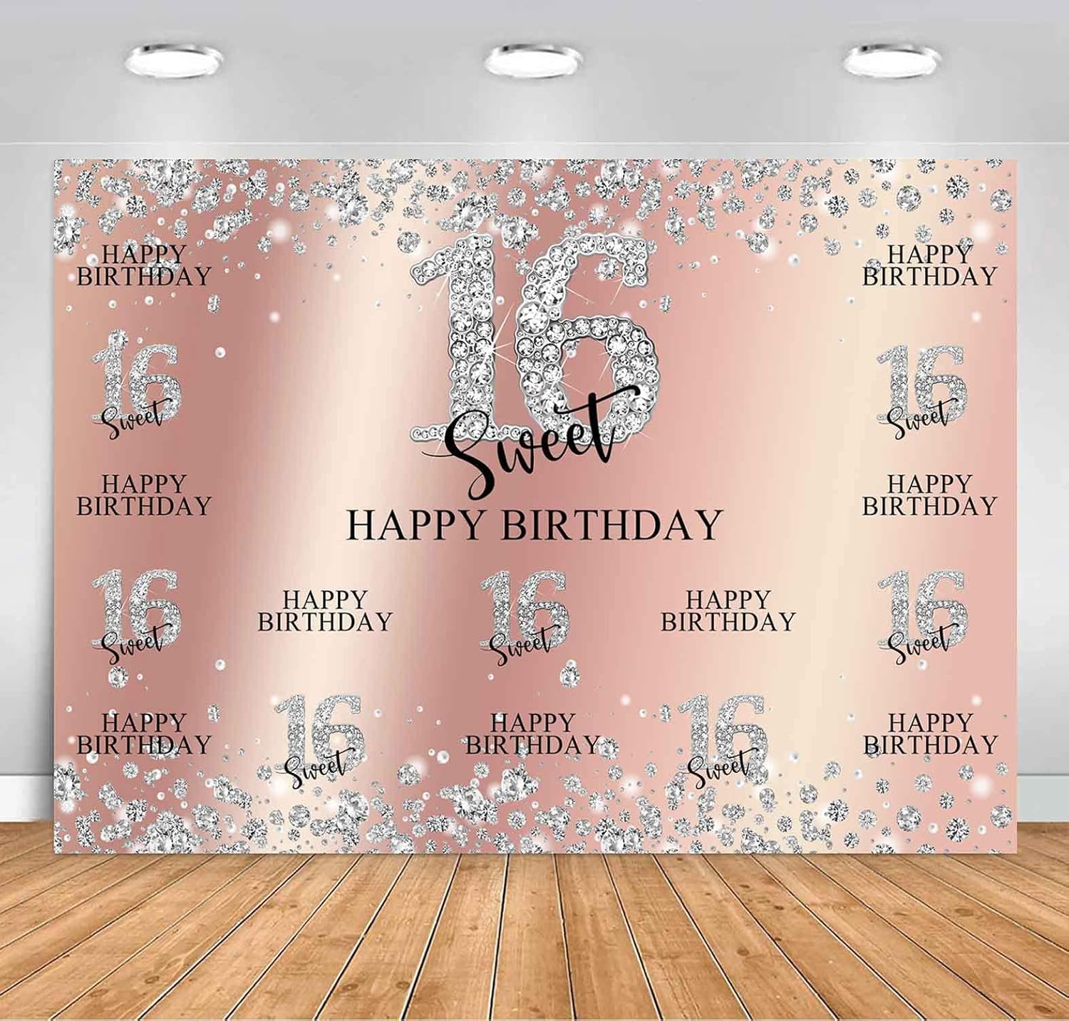 Rose Gold Sweet 16 Birthday Backdrop Girls Sweet Sixteen Diamond Shining Birthday Theme Party Banner Decorations Pink Silver Sixteen Princess Photo Background Portrait Booth Props
